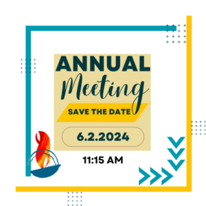 Annual Meeting Save the Date, in a blue and yellow box with the date 6.2.2024 11:15 am