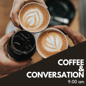 coffee & conversation, with two cups of latte and 1 ice coffee