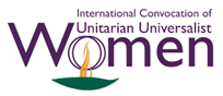 International Convocation of UU Women with dark purple letters, green chalice base with yellow flame