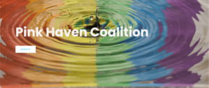 Pink Haven Coalition in white letters on rainbow water