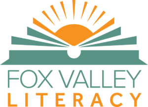 Fox Valley Literacy Logo, green book open with sunrise coming out of it