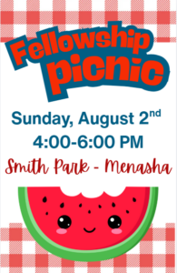 Fellowship Picnic with watermelon slice with a bit out of it
